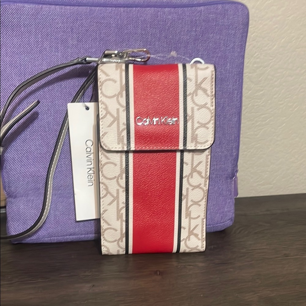 Calvin Klein Red and Beige Crossbody Phone Bag